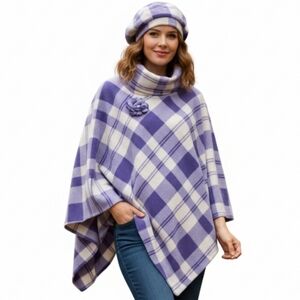 Purple  and White  Handmade Shawl Cowl Fleece Poncho Turtleneck Blanket Ser…